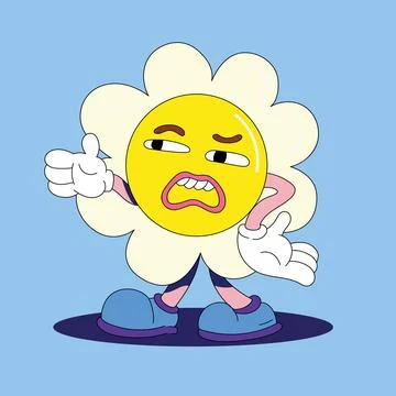 A sad daisy character, doesn't like something. The character has blue boots.. Stock Illustration