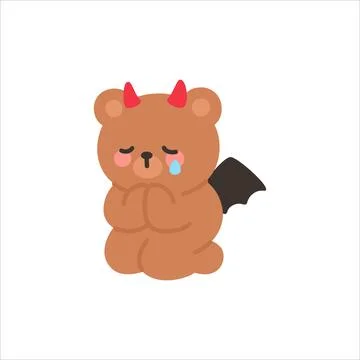 Sad Devil Bear Sitting in Prayer with Tearful Expression Stock-Illustration
