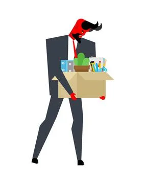 Sad devil with Dismissal box. Satans Dismissal. Vector illustration Illustrazione stock