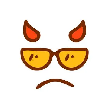 Sad devil with glasses face doodle icon. Emoticon in hand drawn style isolate Stock Illustration