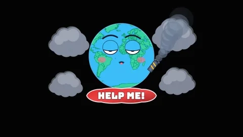 Sad earth character asking for help amidst thick smoke and pollution. 4K Stock Footage 348234921