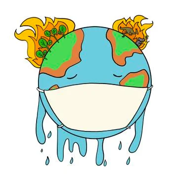 Sad earth due to Amazon Fires, Australia Bush Fires and now Corona Virus. Stock Illustration