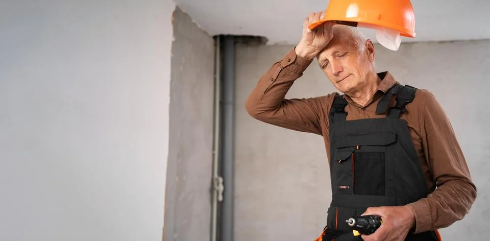 Sad elderly construction worker taking off helmet suffering from depression.. Stock Photos