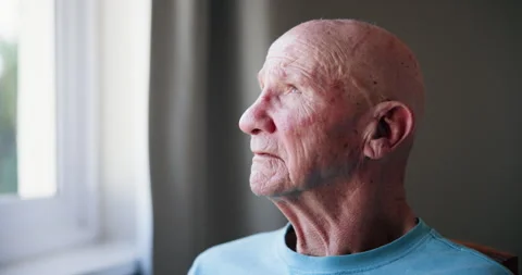 Sad, elderly man and depression with thinking of memory, mental health and Stock Footage 280197725