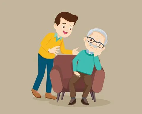 Sad elderly man sitting and man comforting Stock Illustration