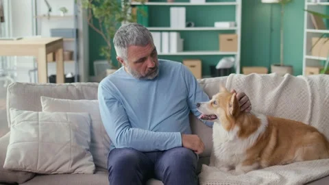 Sad Elderly Man Stroking His Dog While Sitting on the Couch, Feeling Lonely Stock Footage 166729808