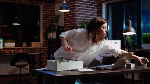 Sad employee leaving office after deciding to quit, waving goodbye Video stock 263384553