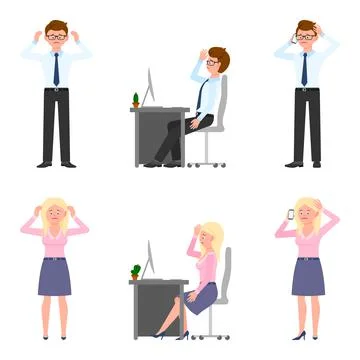 Sad, exhausted, miserable office boy and girl vector illustration. Standing u Stock Illustration