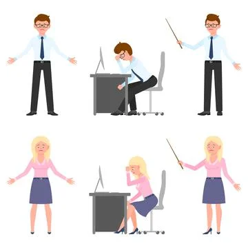 Sad, exhausted, miserable office boy and girl vector illustration. Standing w Stock Illustration