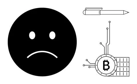 Sad Face with Cryptocurrency and Pen Drawings on White Background Stock Illustration