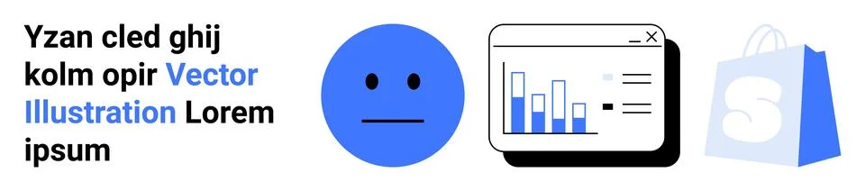 Sad face, data analytics window with bar chart and shopping bag. Ideal for bu Ilustración de archivo