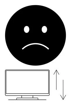 Sad face emotion above computer monitor with vertical arrows representing w.. イラスト素材