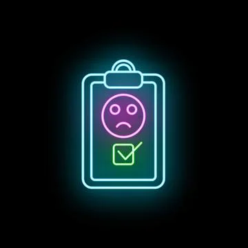 Sad face feedback survey neon clipboard evaluating satisfaction Stock Illustration