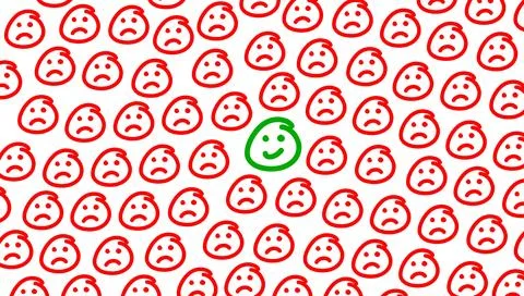 Sad face pattern background and one smiling face in the middle Stock Illustration