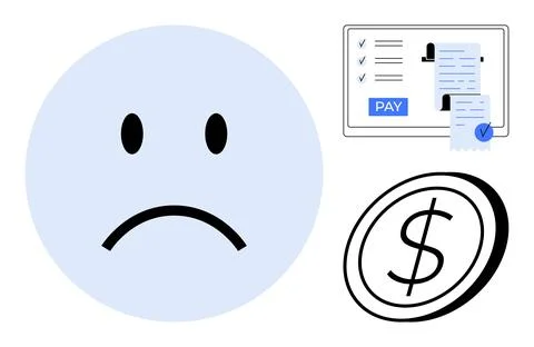 Sad Face with Payment Document and Dollar Coin Depicting Financial Issues o.. Stock Illustration
