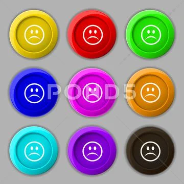 Sad face, Sadness depression icon sign. symbol on nine round colourful ...