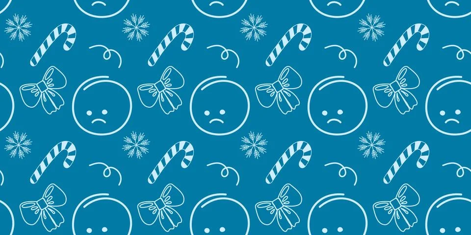 Sad faces, candy cane, knot ribbon bow and snowflake Seamless Pattern on dark Stock Illustration