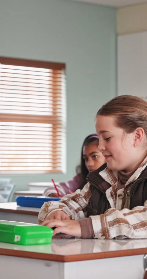 Sad, fail and quiz with child in classroom for burnout, education mistake and Stock Footage 341421782