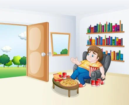 A sad fat boy sitting in the sofa in front of the bookshelves Stock Illustration
