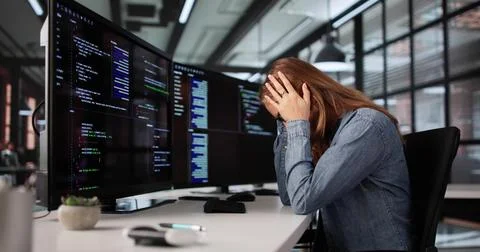 The Sad Female Web Developer At Her Software Business Desk Foto stock
