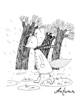 Sad fox walking in the rain. Illustrazione stock