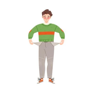 Sad Freckled Man Standing with Empty Pockets Vector Illustration Stock Illustration