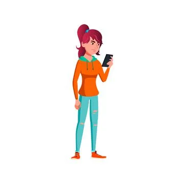 Sad girl read hate comment for her photo on social media cartoon vector Stock Illustration