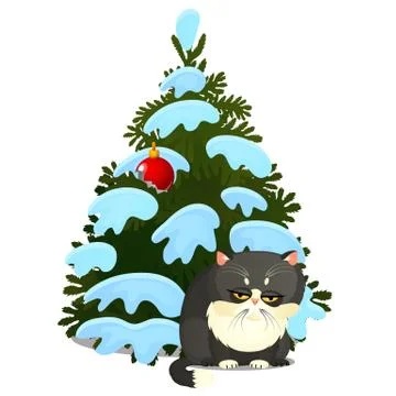 Sad guilty gray cat and broken toy on the Christmas tree isolated on a white Stock Illustration