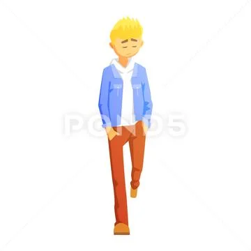 Sad Guy In Brown Pants And Jean Jacket, Young Person Street Fashion Look With Stock Illustration