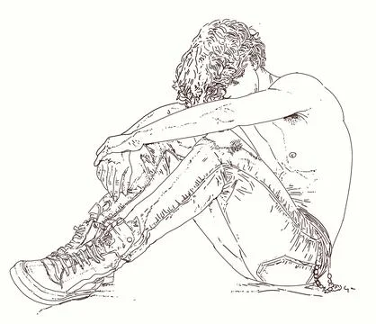 Sad guy sitting on the floor, sketch vector graphics monochrome Illustrazione stock