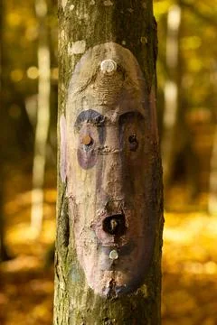 A sad human face in the form of an icon is painted on the trunk of a tree Fotos Stock