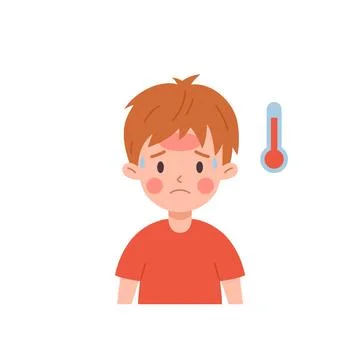 Sad kid boy in red t-shirt having fever flu symptom flat style Stock-Illustration