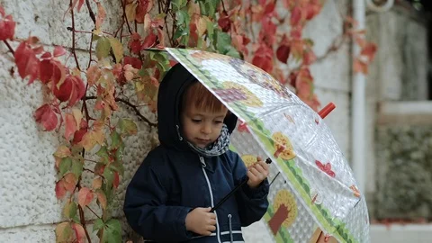 Sad little boy stands under an umbrella during the rain on a background of Stock Footage 120424809