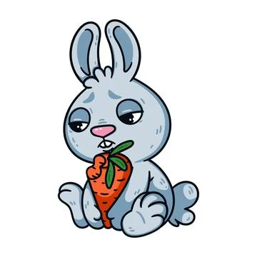 Sad little easter bunny with bitten carrot. Rabbit the symbol of 2023 Stock Illustration