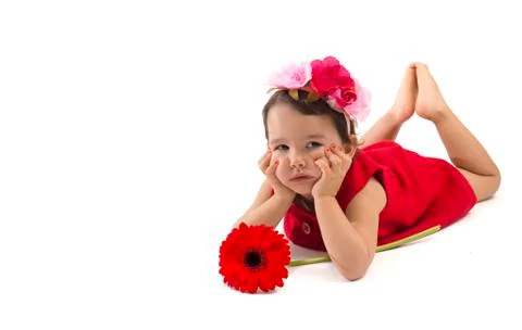 Sad little girl with red flower isolated on white Stock Photos