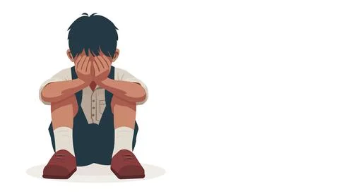 A sad lonely boy sitting alone with head down showing grief Stock Illustration