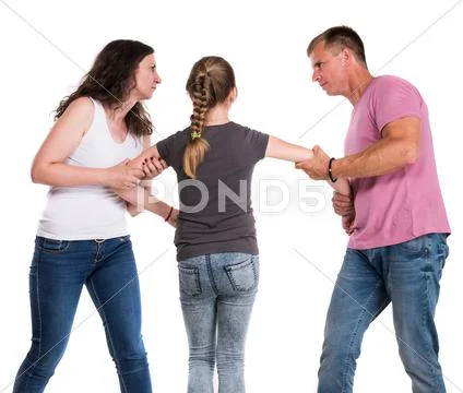 Sad looking girl with her fighting parents Stock Photos
