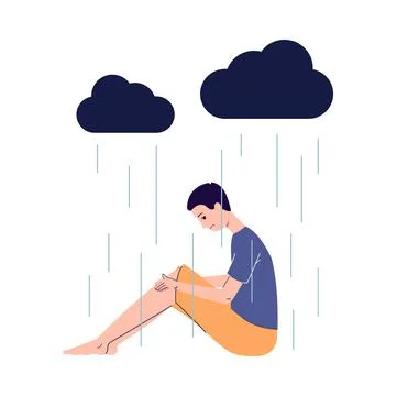 Sad man with depression sitting under rain cloud. Cartoon person 库存插图