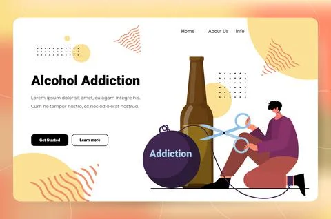 Sad man drinker alcoholic holding scissors to cut metal chain addicted drunk guy Stock Illustration