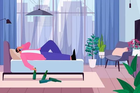 Sad man drinker with bottles sleeping in bed alcoholic drinking alone guy having Stock Illustration