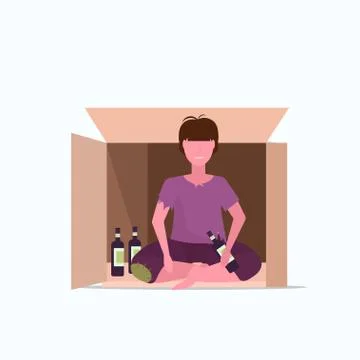 Sad man drunk beggar sitting in cardboard box with bottle of alcohol homeless Stock Illustration