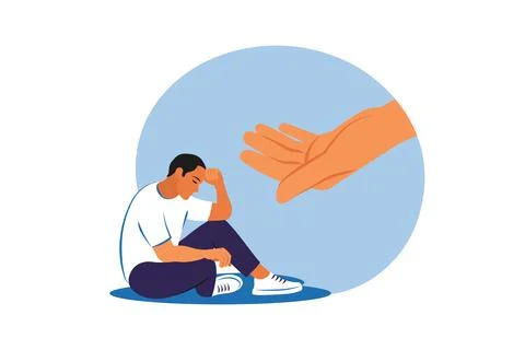 Sad man getting help and cure from stress. Psychotherapy, help and support,.. Illustrazione stock