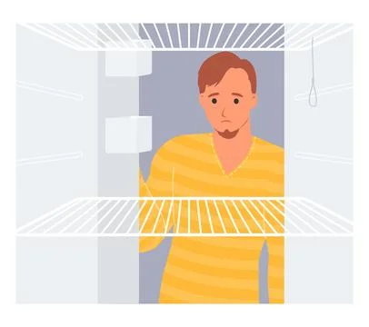 Sad man looking inside empty refrigerator vector Stock Illustration
