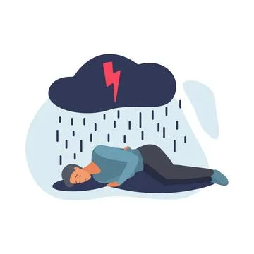 Sad man lying under rain from dark cloud of depression and anxiety Stockillustratie