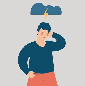 Sad man with negative tangled thoughts. Stressed adolescent with mental illness Stock Illustration