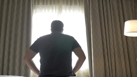 Sad Man Opening Window Mental Health Depression Recovery Concept Видео 335188610
