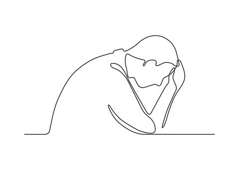 Sad man in problem, anxiety and stress, continuous one line art drawing. Ment Stock Illustration