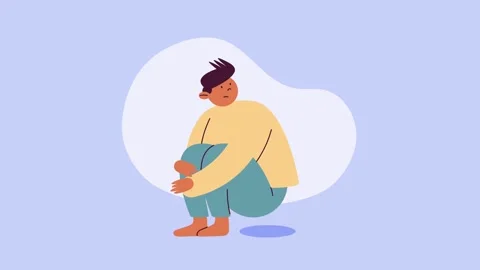 Sad man sitting alone with unhappy facial expression in 2d flat animation s.. Stock Footage 339264194