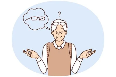 Sad man spreads arms thinking about glasses that have ceased to solve vision Stock Illustration