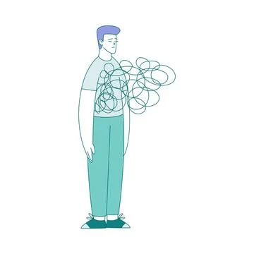Sad Man Standing with Clutter or Tangled Skein Suffer from Psychic Illness Stock Illustration